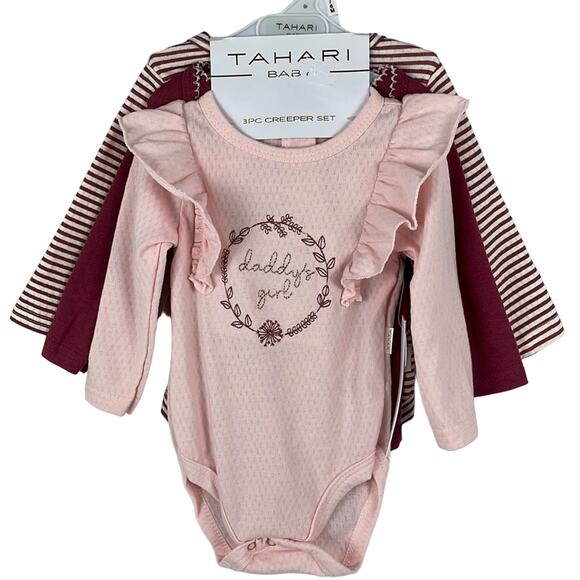 Tahari "Daddy’s Girl" Baby Creepers 3-6M Set of 3 Bodysuits Long Sleeve Pink - Picture 1 of 9